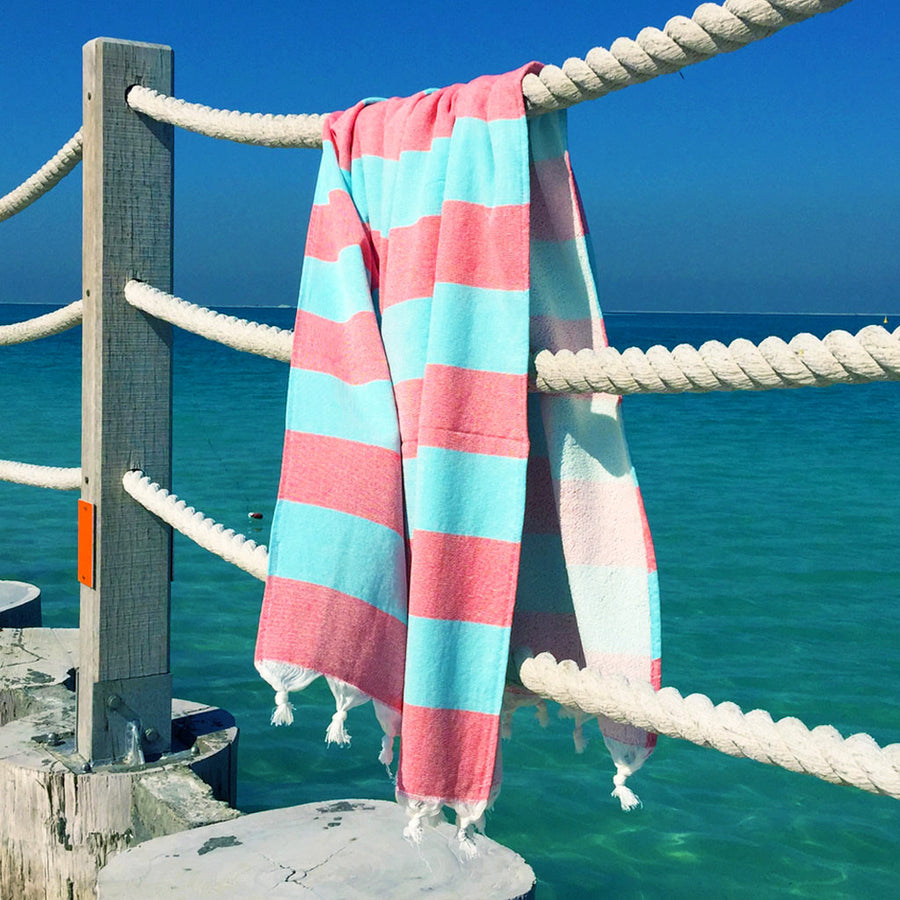 Terry / Coral & Blue - Koala Handloomed Beach Towels Dubai