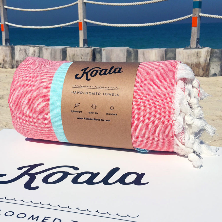 Terry / Coral & Blue - Koala Handloomed Beach Towels Dubai
